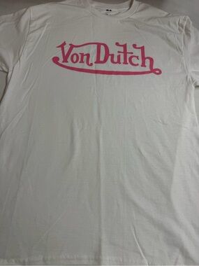 Von Dutch White Tee with Pink Script Logo